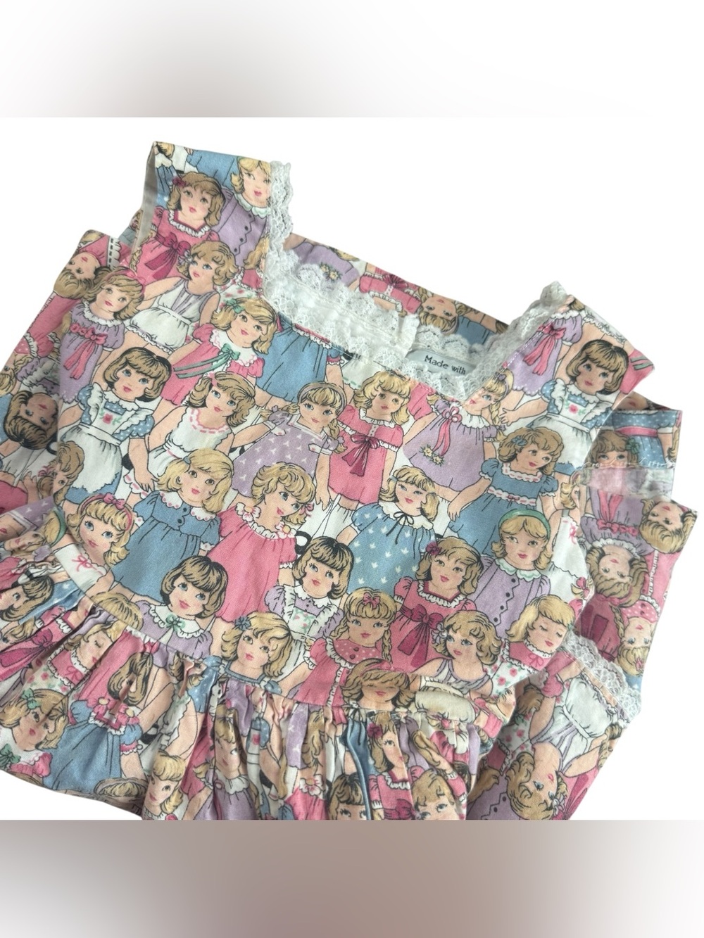 Vintage Handmade Girls Paper Doll Print Dress Lace Trim